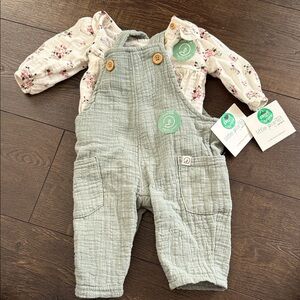 Sage Green Gauze Overalls for Kids - Floral Top - Organic Little Plant